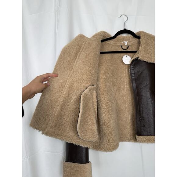 En Crème Women's Faux Leather Sherpa Aviator Jacket Brown & Tan Size L - Picture 4 of 11